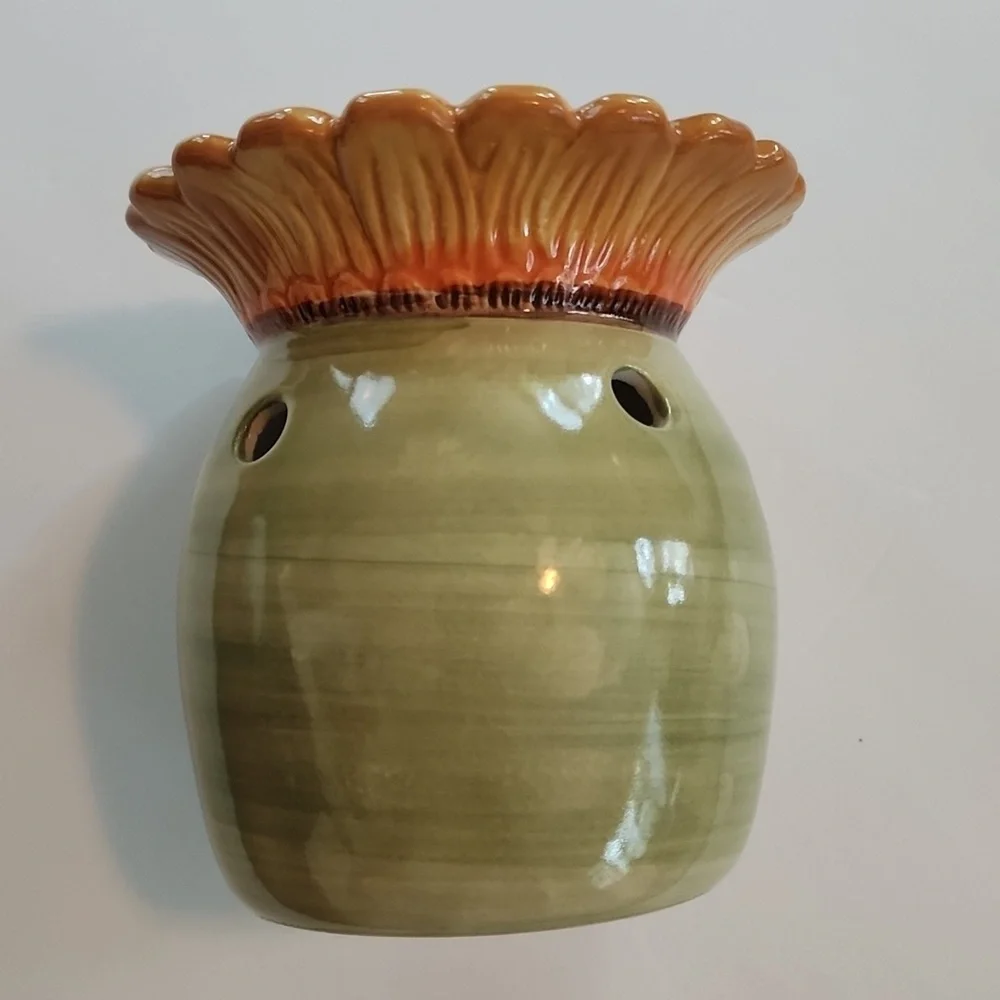 Colors of Autumn Ceramic Candle Holder - Green and Copper Sunower Design